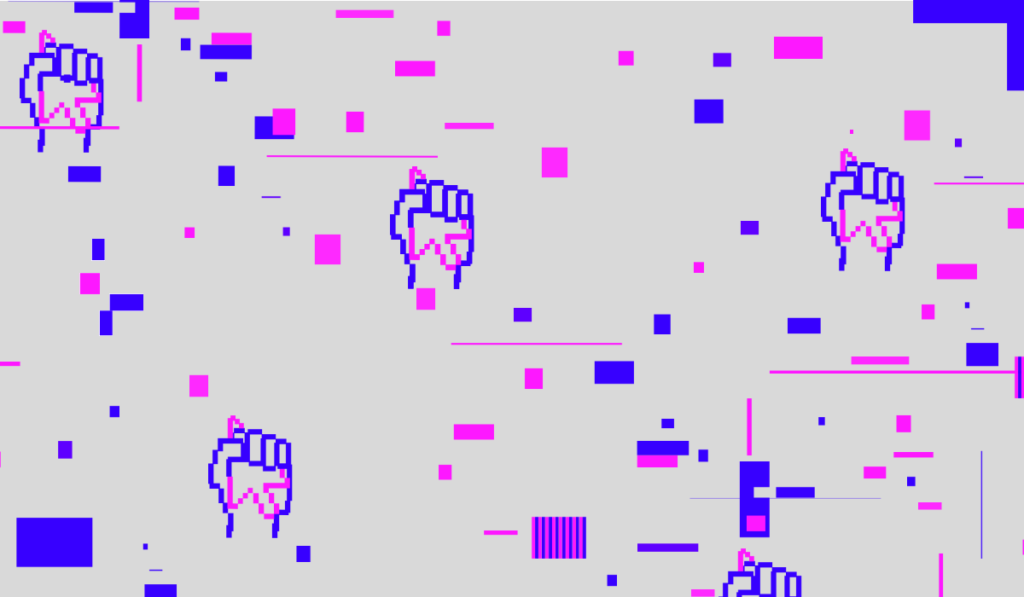 Logotipo de Algorights (que representa un puño cerrado y un cursor) sobre fondo pixelado